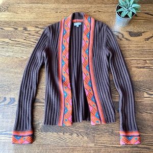 MARC AUREL Brown Open Sweater with Multi-Coloured Cuffs & Border. Size: 36